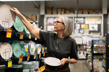 Older woman shopping for dinner plates in a home goods store during daytimeの写真素材