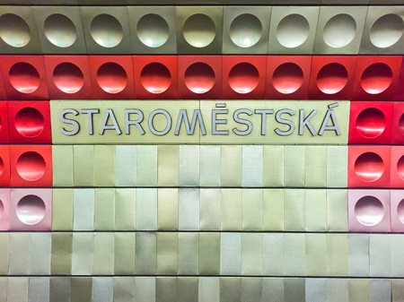 Staromestska Subway Sign on Wallのeditorial素材