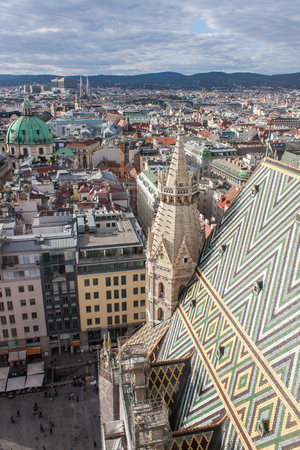 View of Vienna skyline from south tower of St. Stephen's Cathedralの写真素材