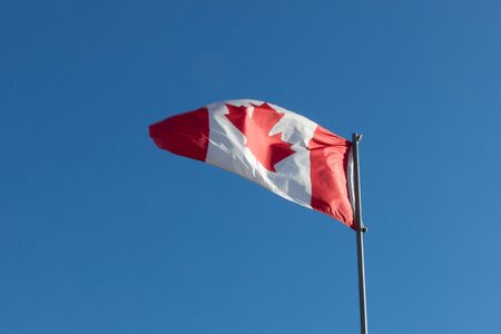 Canadian maple leaf flag on flagpole against blue sky