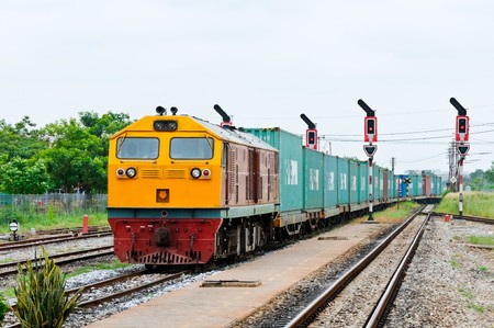 Cargo train running into railway yard of Chachoengsao  junction,Thailandの写真素材