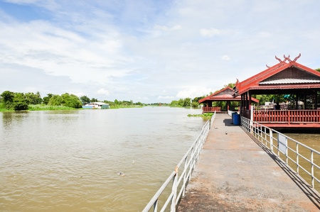 Traditional Thai pavilion along the river behind the temple.のeditorial素材
