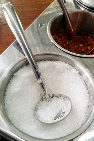 Sugar cup of the seasoning tray in Thai restaurants.の写真素材