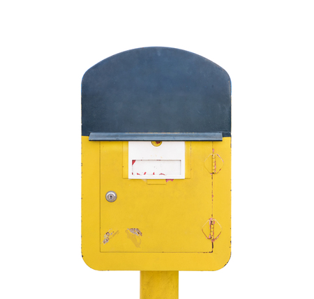 Yellow post box with the stain on the white background.の写真素材