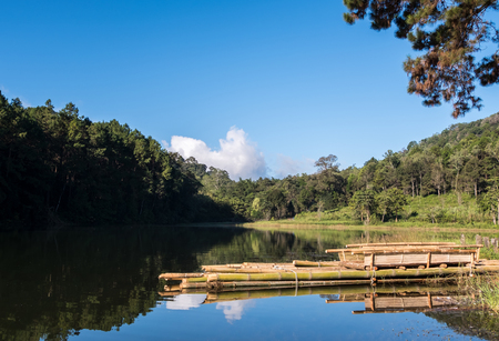 Tranquil lake with the wooden raft in the valley of the pine forest.の写真素材