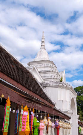The colorful paper lanterns are hanging around the small corridor near the entrance chamber to the Thai church. (Public area not required Property Release), front view with the copy space.の写真素材