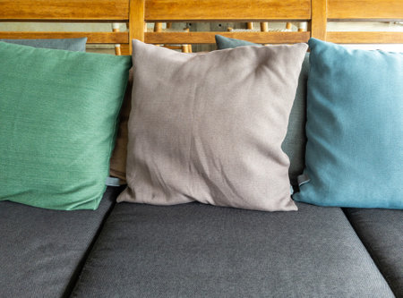 The soft textile cushion in the pastel color on the gray textile sofa in the living room of the modern house, front view with the copy space.の写真素材