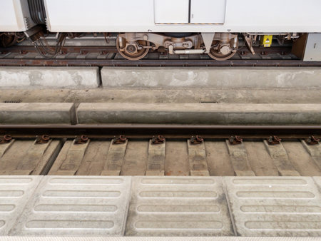 Perspective view of the driving system of the passenger cars of the suburban electric train while stopping to deliver passengers to the station platform, front view for the copy space.の写真素材