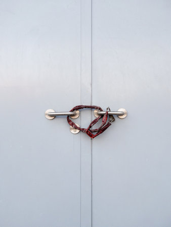 Closeup of the metal door handle locked with chain and paddle for security, electrical control room of the train station, front view for the background.の写真素材