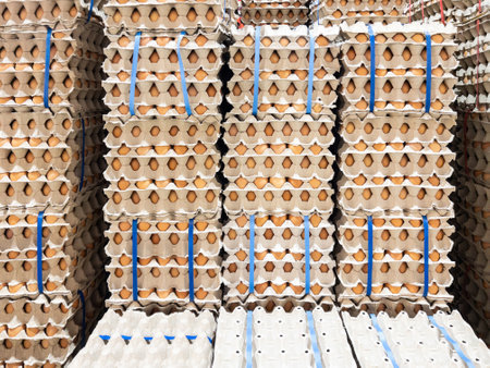 Closeup of the egg panels made from the paper with the plastic strap are stacking near the wall for sale in the supermarket, front view for the background.の写真素材