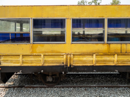 The old container train for use in carrying oil tanks of maintenance vehicles, front view with the...