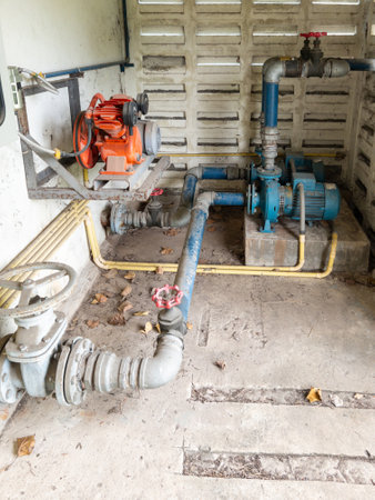 A water pump system installed in a utility room designed for residential use. The setup features an...