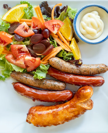 Top view of assorted grilled sausages served on a white plate with fresh vegetable and fruit salad side dish.の写真素材