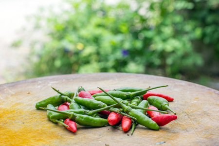 Red and green peppers on wooden floor with empty space