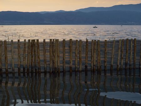 Reflection of the wooden fence in lake at sunset     の写真素材