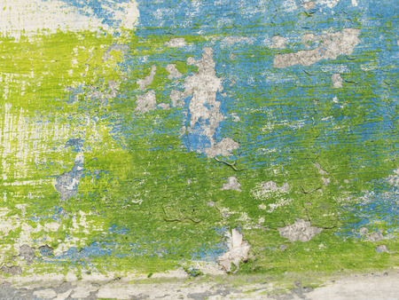 Hand maid brush strokes of green, blue, acrylic paint on a white dusty old metal fence, close up of abstract  textured backgroundの写真素材