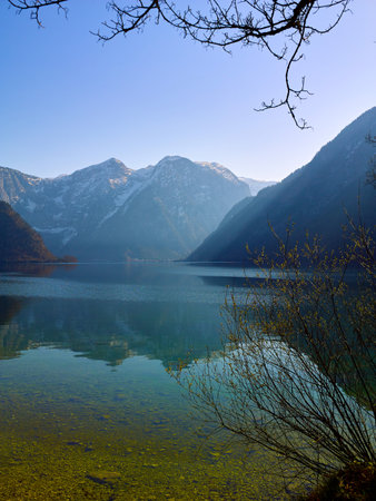 Hallstatt lake at sunny day. Spring time, Salzkammergut region, Austriaの写真素材