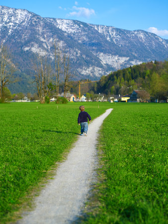 Little boy walking alone along pathway in the field. Path in life.の写真素材