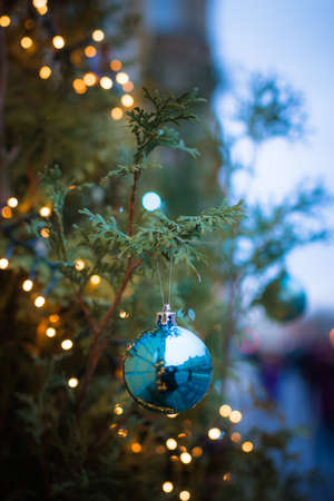 Vivid Christmas decorations on the pine tree branch closeup. Blurred background and shiny Christmas...