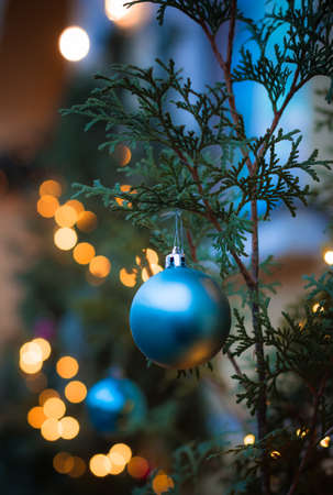 Vivid Christmas decorations on the pine tree branch closeup. Blurred background and shiny Christmas lights. Bokeh. Vivid ball sphereの写真素材