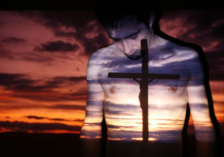 man prays, shadow of cross, beliefの写真素材