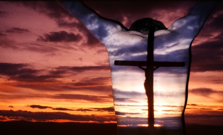 man prays, shadow of cross, beliefの写真素材