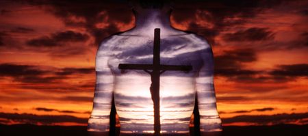 man prays, shadow of cross, belief in Christの写真素材
