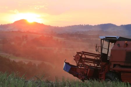 old combine harvesting a wheat field, worn out combine on sunset background,の写真素材