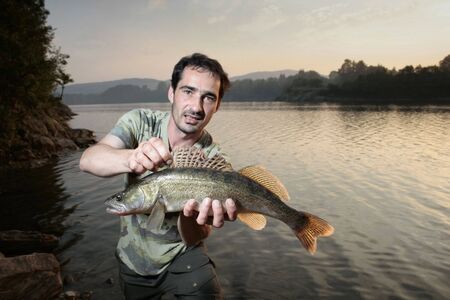 Happy fisherman presents zander, caught big fishの写真素材