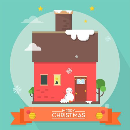 Happy House Christmas and Snowman Illustrationのイラスト素材