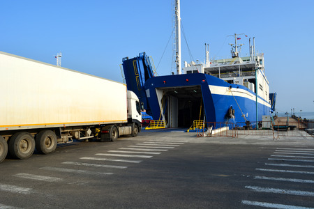 Loading vehicle ferry in the port of Crimeaの写真素材