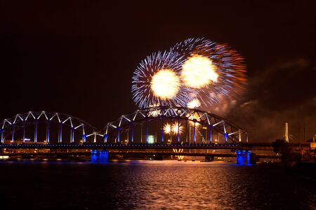Railroad bridge in Riga with saluteの写真素材
