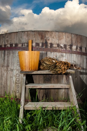 Bath Barrel with broom and ladleの写真素材