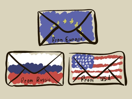 The sketch of envelopes with letters for the USA, Russia and Europeのイラスト素材