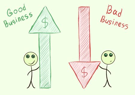 Two little men with a green and red arrow, business the conceptのイラスト素材
