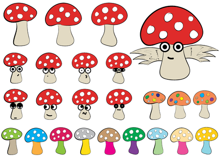 Clipart with multi-colored, winged, big-eyed fly agaricsのイラスト素材