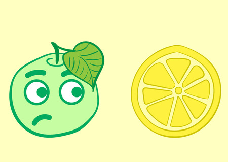Emotional dissatisfied apple looks at the yellow lemon cut in halfのイラスト素材