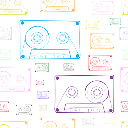Seamless texture with multi-colored contours of audio cassettesのイラスト素材
