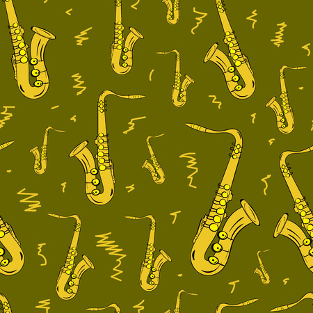 Seamless texture with yellow saxophones and flourishesのイラスト素材