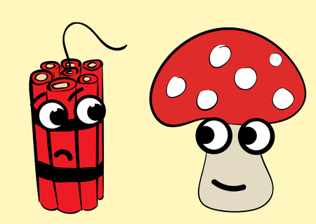 Meeting of a poisonous happy fly agaric and dissatisfied dynamiteのイラスト素材