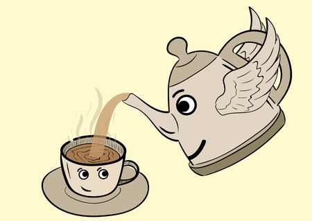 Conceptual illustration with a happy teapot and a cup of coffeeのイラスト素材