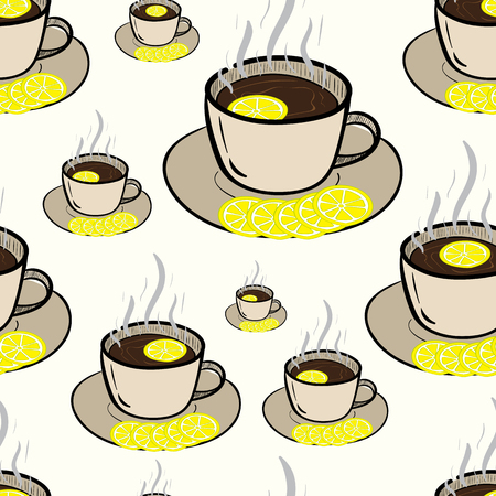 Seamless texture with a hot cup of tea with a lemonのイラスト素材