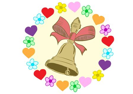 The sketch of a hand bell with a tape in flowers and heartsの写真素材