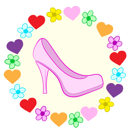 Illustration with a pink shoe in a frame of hearts and camomilesのイラスト素材
