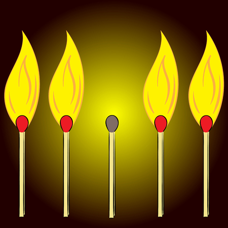 Conceptual illustration with the burning matchsticks and one extinctのイラスト素材