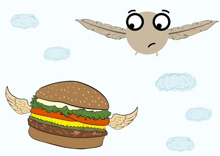 Conceptual illustration with the flying hamburger and a little birdのイラスト素材