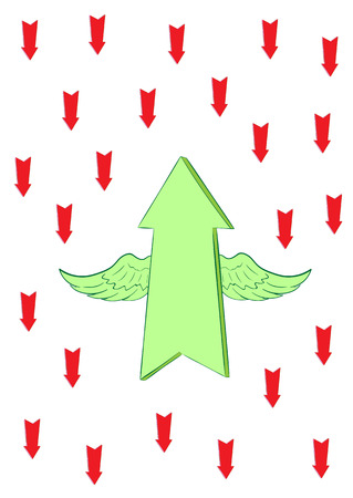 The conceptual winged green arrow flies up against redのイラスト素材