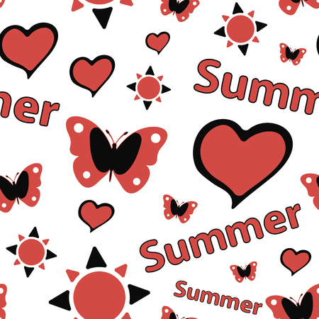 Seamless texture red summer with butterfly illustration.のイラスト素材