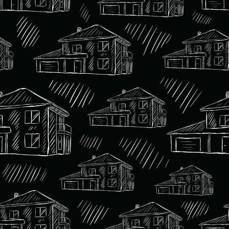 Seamless texture with black sketches of two-storey housesのイラスト素材