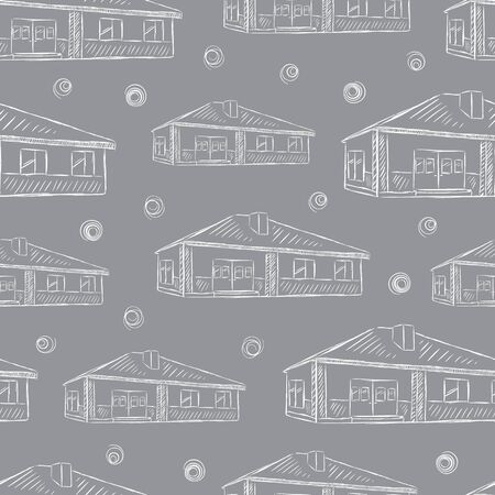 Seamless texture with grey sketches of single-storey housesのイラスト素材